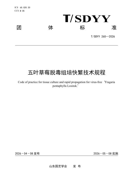 T/SDYY 265-2026 五叶草莓脱毒组培快繁技术规程