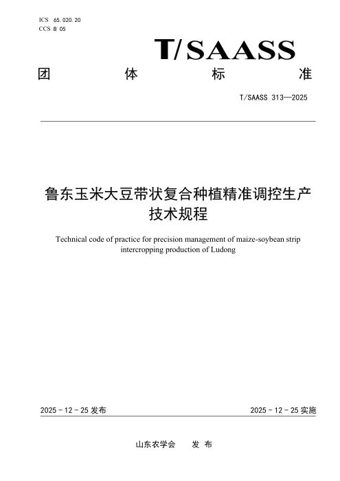 T/SAASS 313-2025 鲁东玉米大豆带状复合种植精准调控生产技术规程