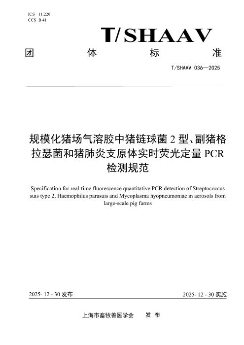 T/SHAAV 036-2025 规模化猪场气溶胶中猪链球菌2型、副猪格拉瑟菌和猪肺炎支原体实时荧光定量PCR检测规范