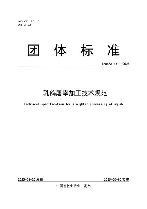 T/CAAA 141-2025 乳鸽屠宰加工技术规范