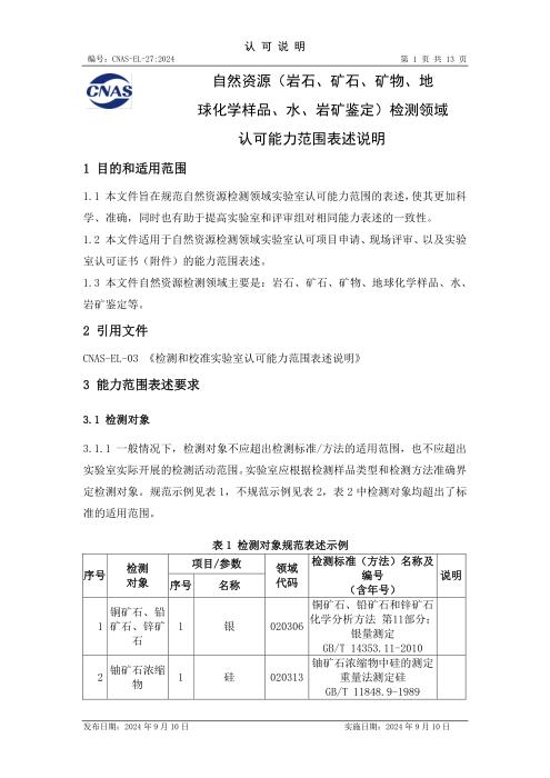CNAS-EL-27：2024 自然资源（岩石、矿石、矿物、地球化学样品、水、岩矿鉴定）检测领域认可能力范围表述说明
