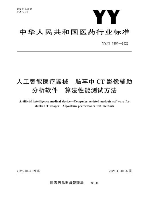 YY/T 1991-2025 人工智能医疗器械 脑卒中CT影像辅助分析软件 算法性能测试方法